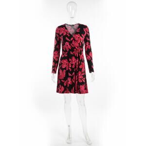 Nine West Black & Pink Floral V-Neck Faux Wrap Long Sleeve Dress Size XXL NEW